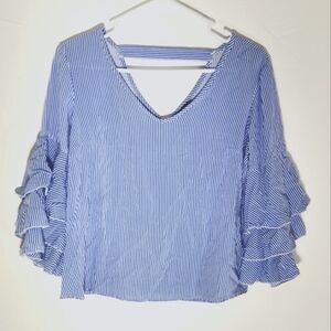 Unique Spectrum Womens Blouse Bell Tiers Sleeve Striped White/Blue Boho Size M